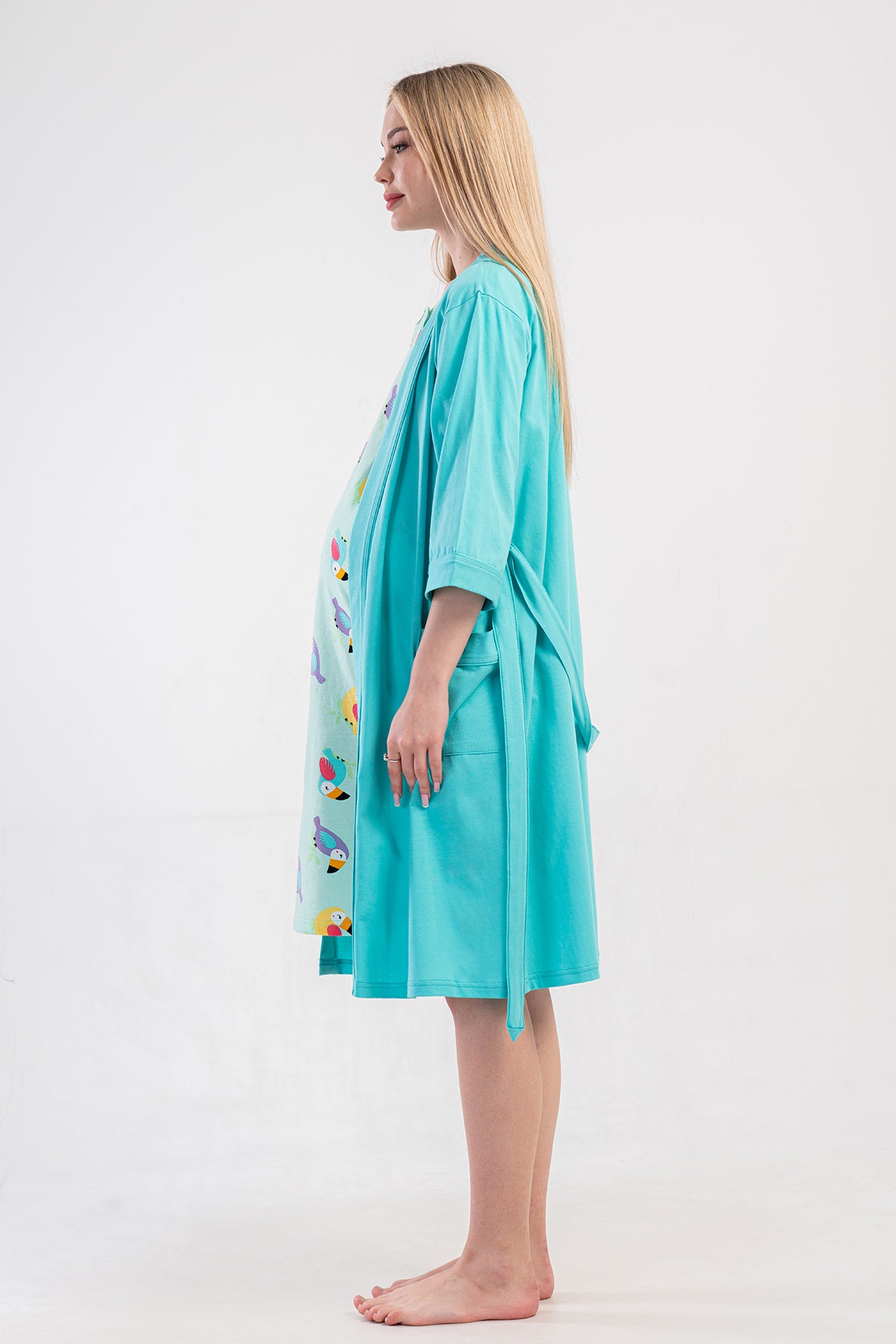 SET HALAT DE GRAVIDĂ CU MÂNECĂ SCURTĂ CU DOUĂ RÂNDURI DE NASTURI ȘI HALAT DE CASĂ CU MÂNECĂ 3/4 ȘI BUZUNARE - TURCOAZ