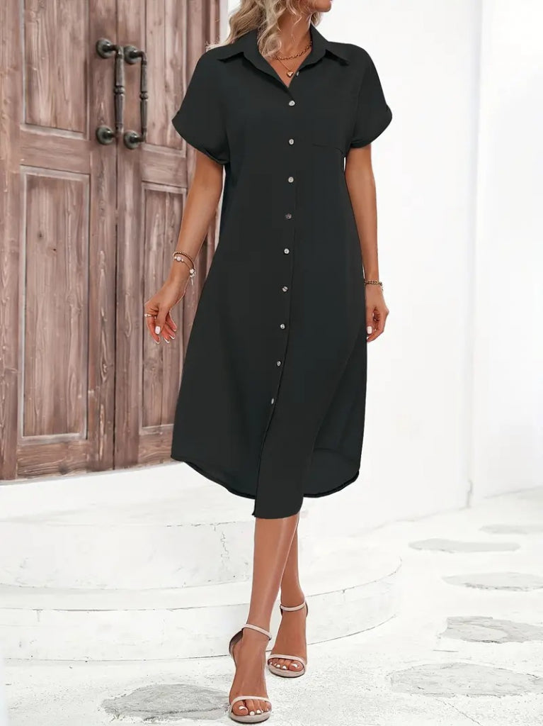 Rochie midi din material țesut pentru femei, cu mânecă scurtă, guler și nasturi, 23804
