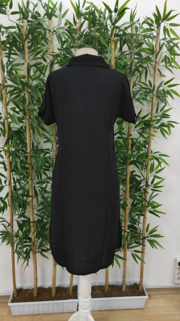 Rochie midi din material țesut pentru femei, cu mânecă scurtă, guler și nasturi, 23804