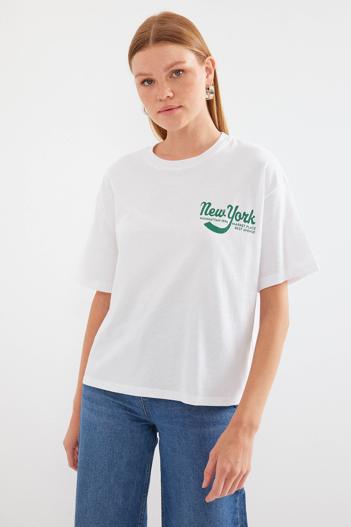 4318 Baskılı Basic Tişört - Beyaz