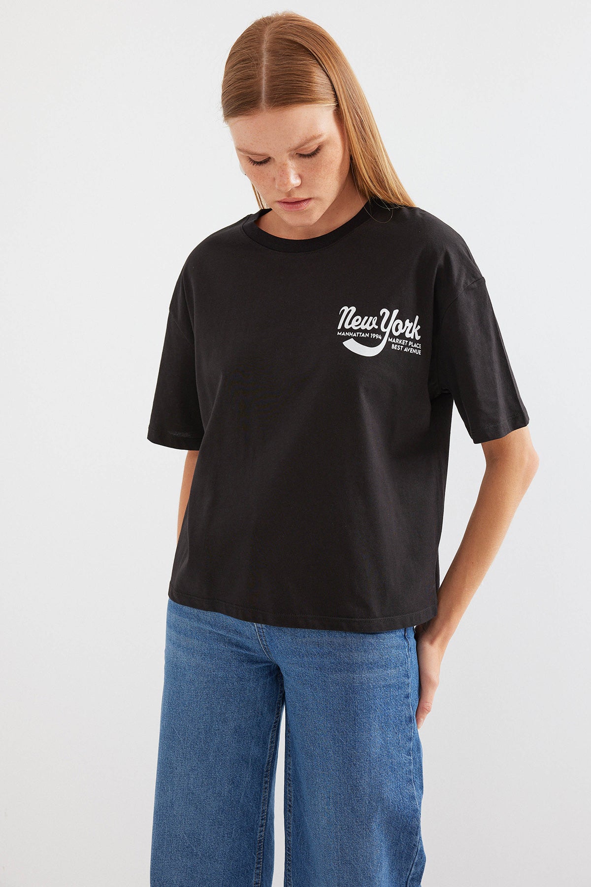 4318 Tricou Basic Tipărit - Negru