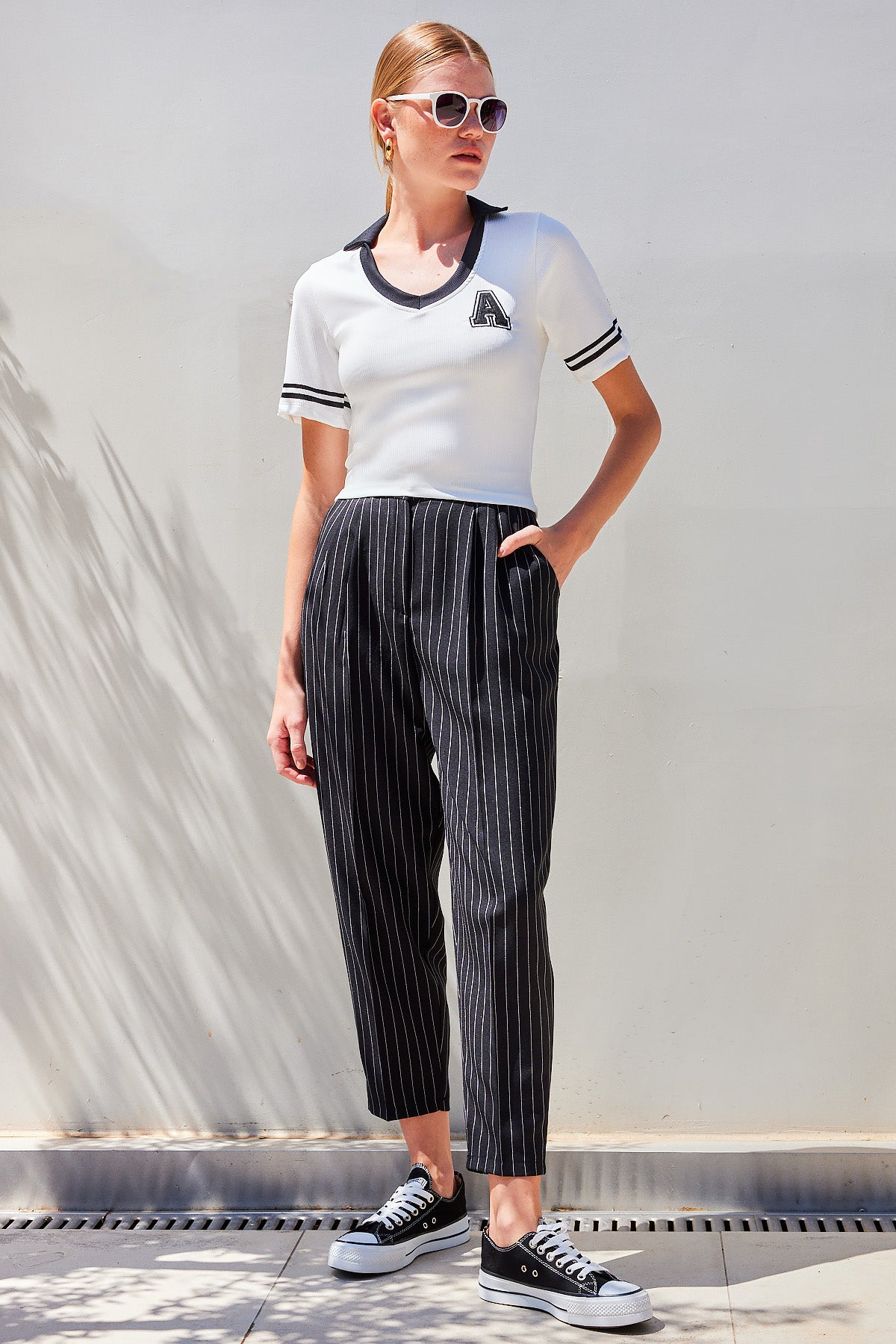 4320 Bluză Tricot Basic cu Guler Polo - Alb