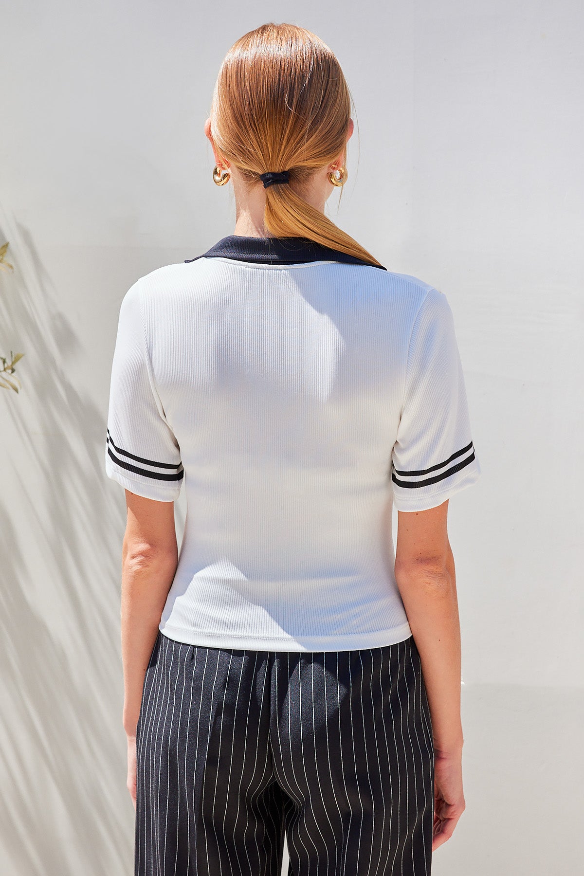 4320 Bluză Tricot Basic cu Guler Polo - Alb