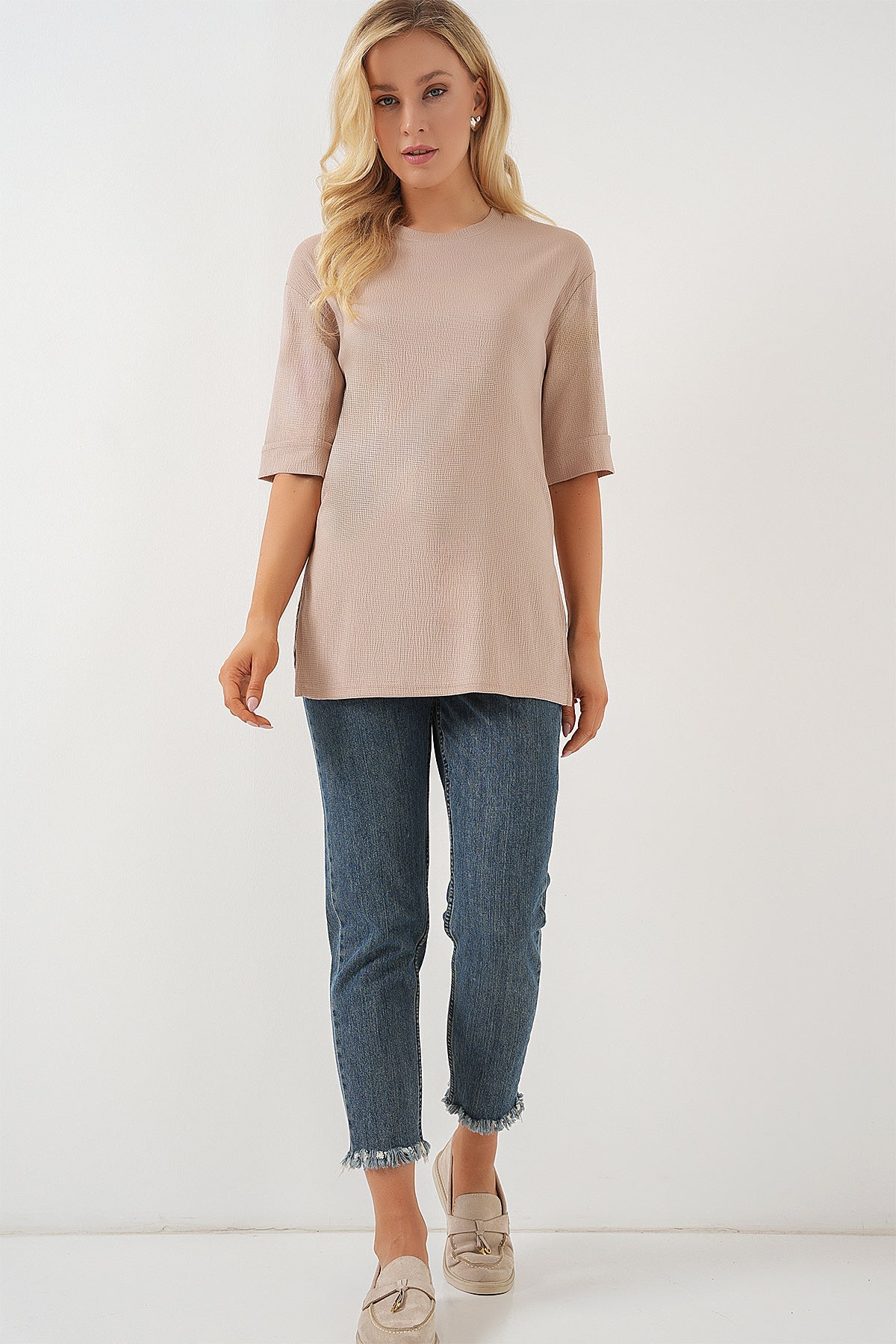 4332 Tricou Tricot cu Fante pe Laturi - Biscuit