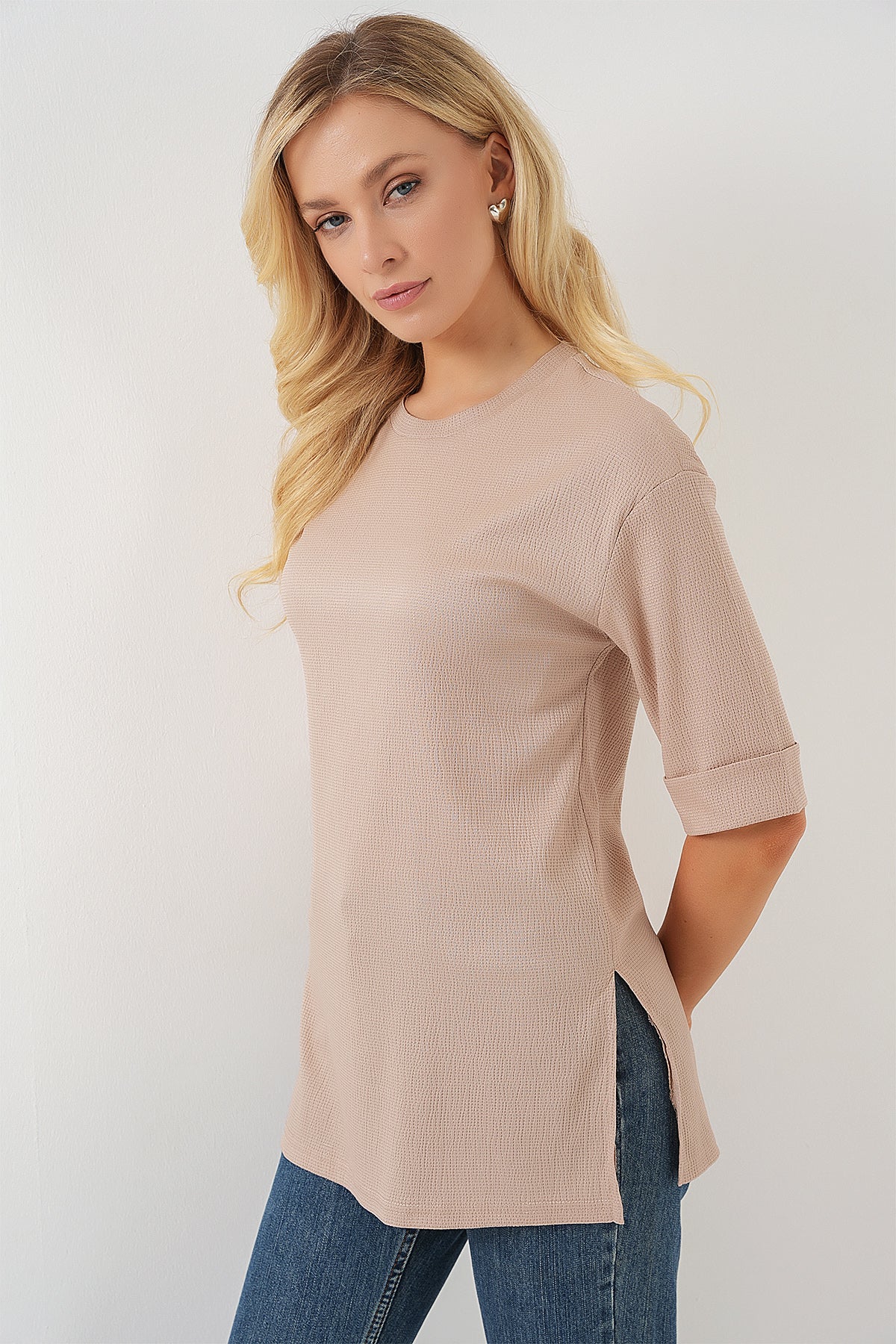 4332 Tricou Tricot cu Fante pe Laturi - Biscuit