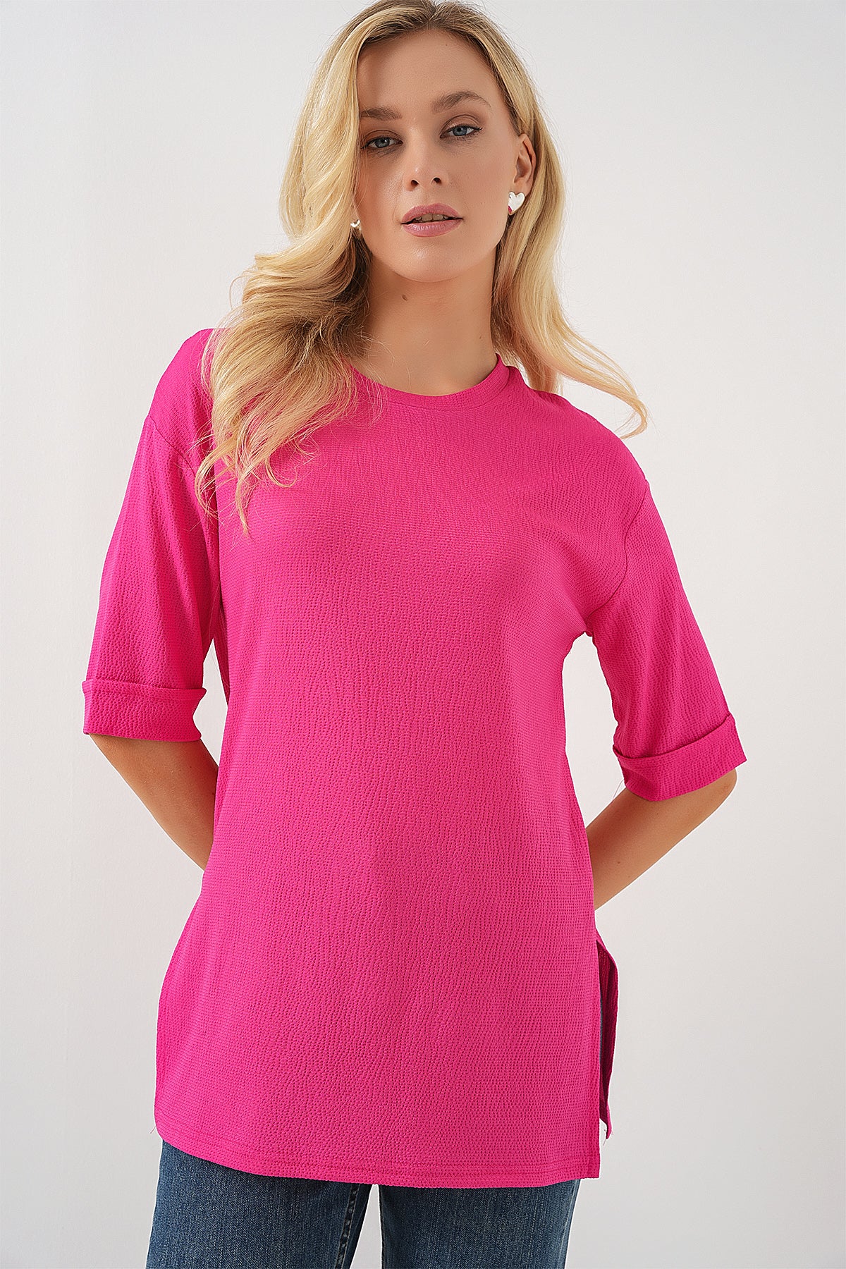 4332 Tricou Tricot cu Fante pe Laturi - Fuchsia