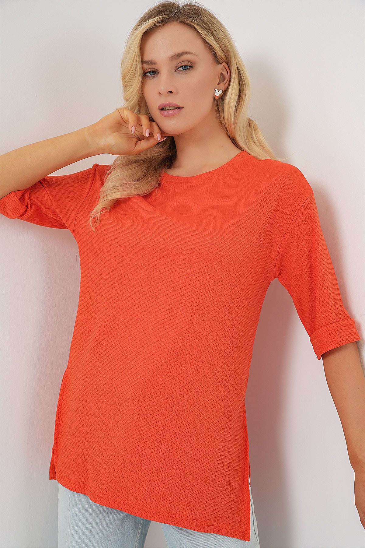 4332 Tricou Tricot cu Fante pe Laturi - Portocaliu