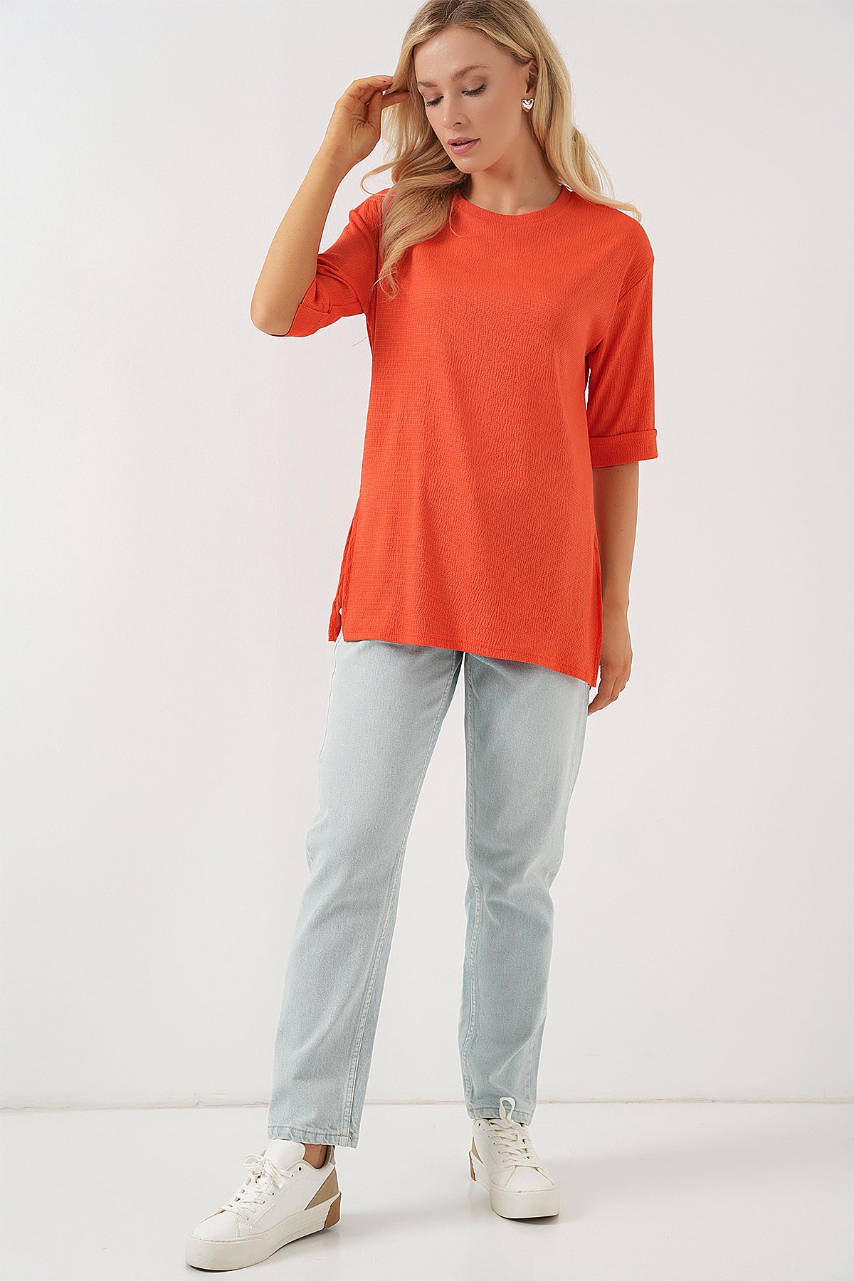 4332 Tricou Tricot cu Fante pe Laturi - Portocaliu