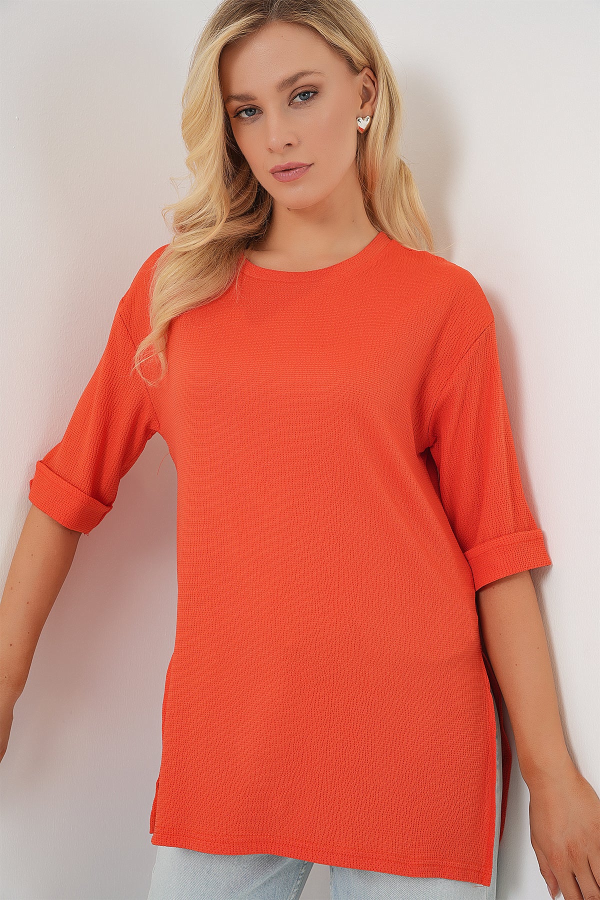 4332 Tricou Tricot cu Fante pe Laturi - Portocaliu