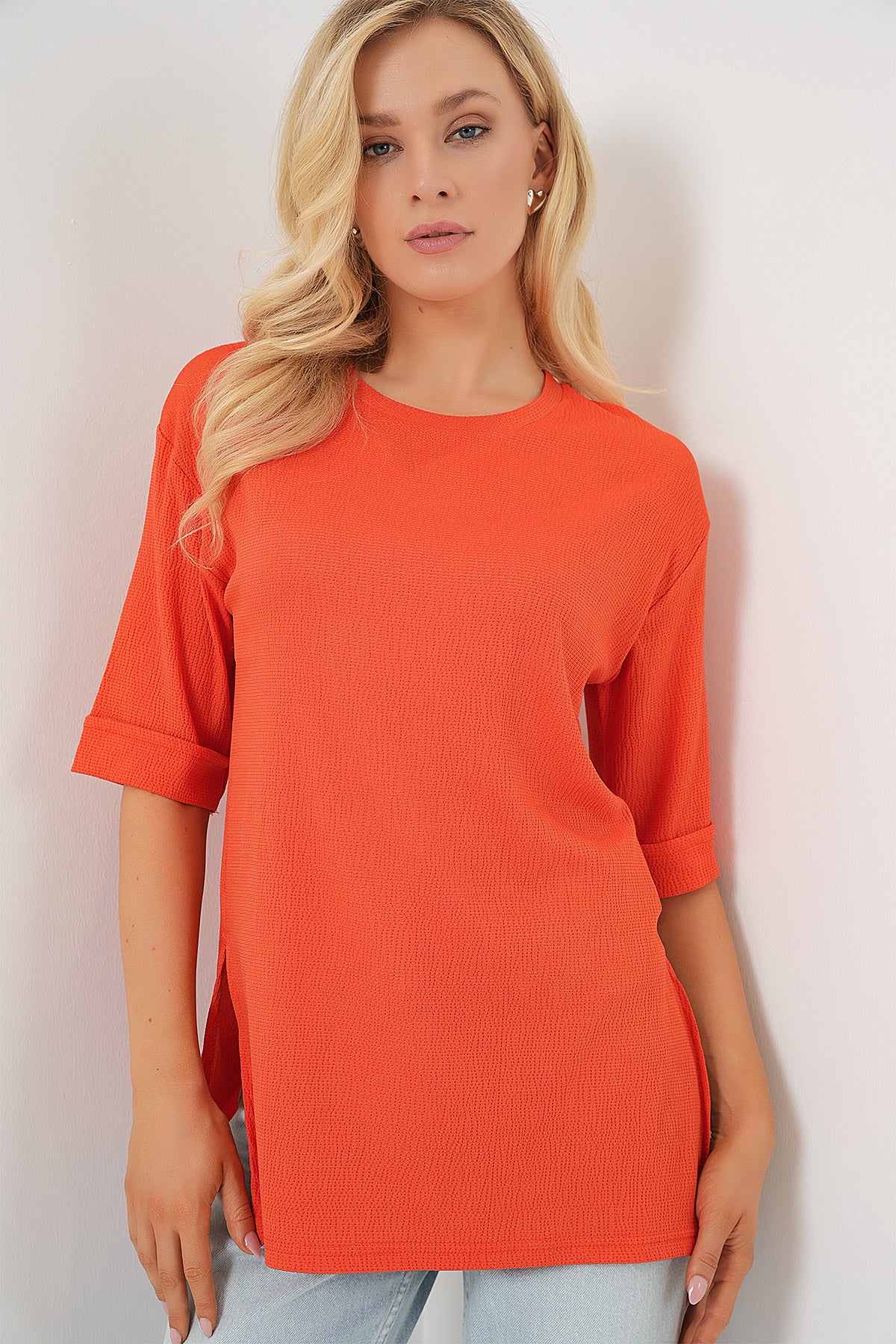 4332 Tricou Tricot cu Fante pe Laturi - Portocaliu