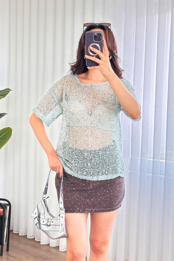 Bluza de Toptan Menta cu Paiete Stralucitoare