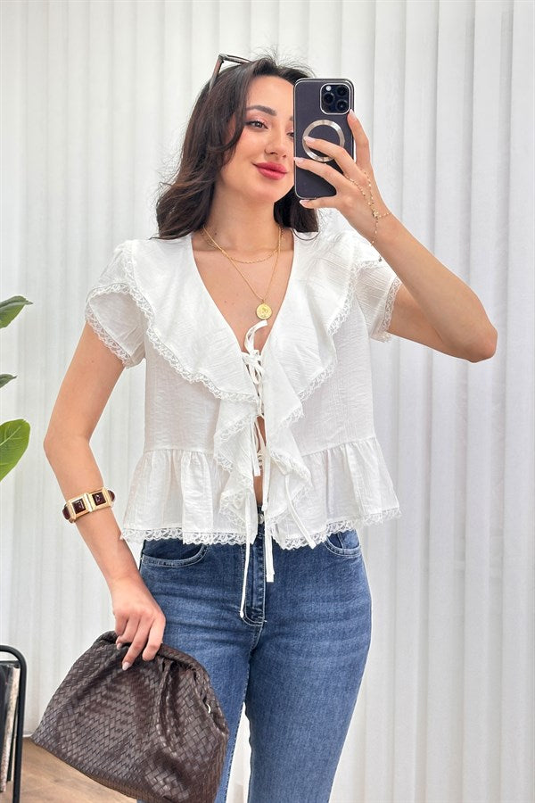 Bluza de Toptan Alb cu Legătură Detaliu Dantelă