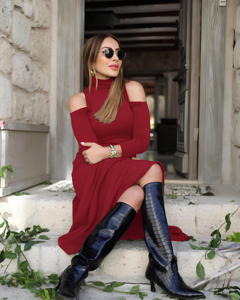 Rochie Lunga Dama din Crep Janjan cu Guler Inalt si Decupaje la Umeri, Maneca Lunga, 28194