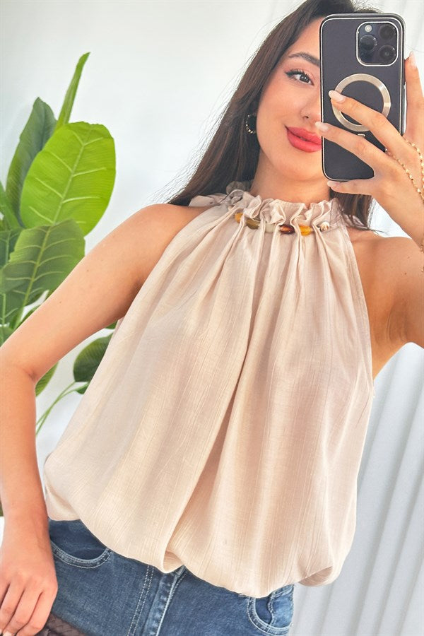Bluza de Toptan Model Balon cu Perle la Guler Bej