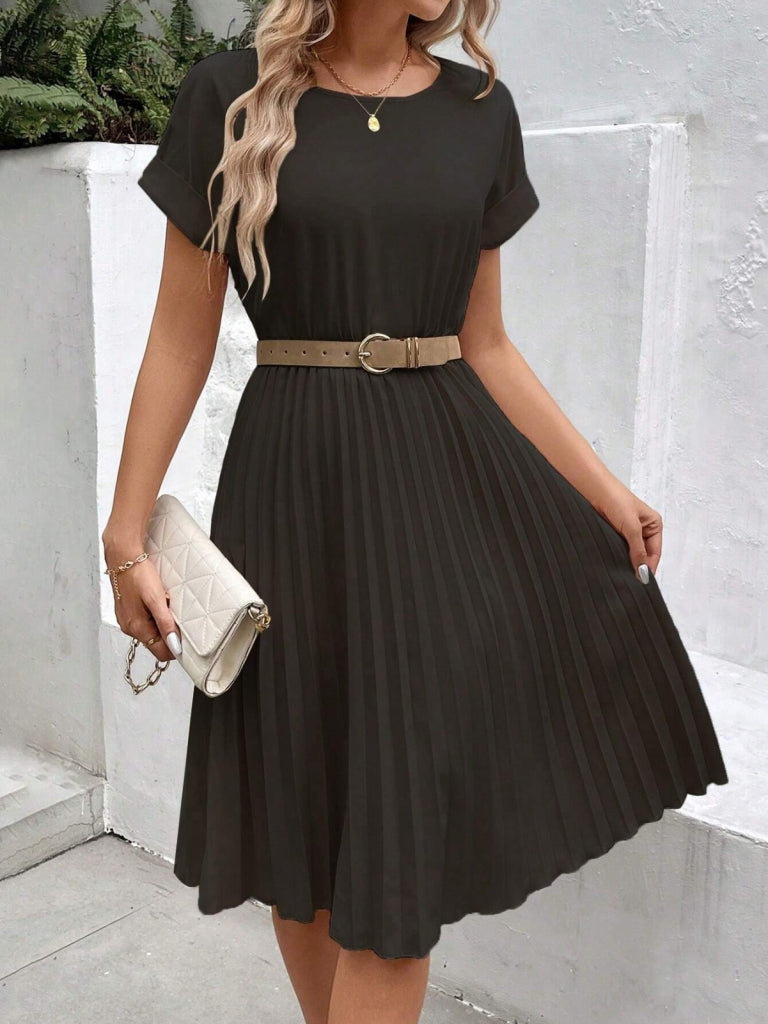 Rochie scurtă din crep importat, cu mânecă scurtă, decolteu deschis, talie elastică, plisată, pentru femei, 31206