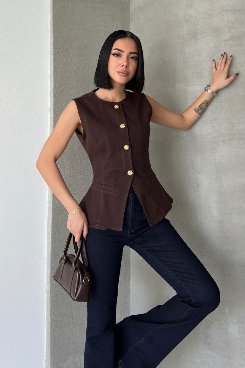 Vesta Denim cu Butoane Ajustabilă la Talie 6086