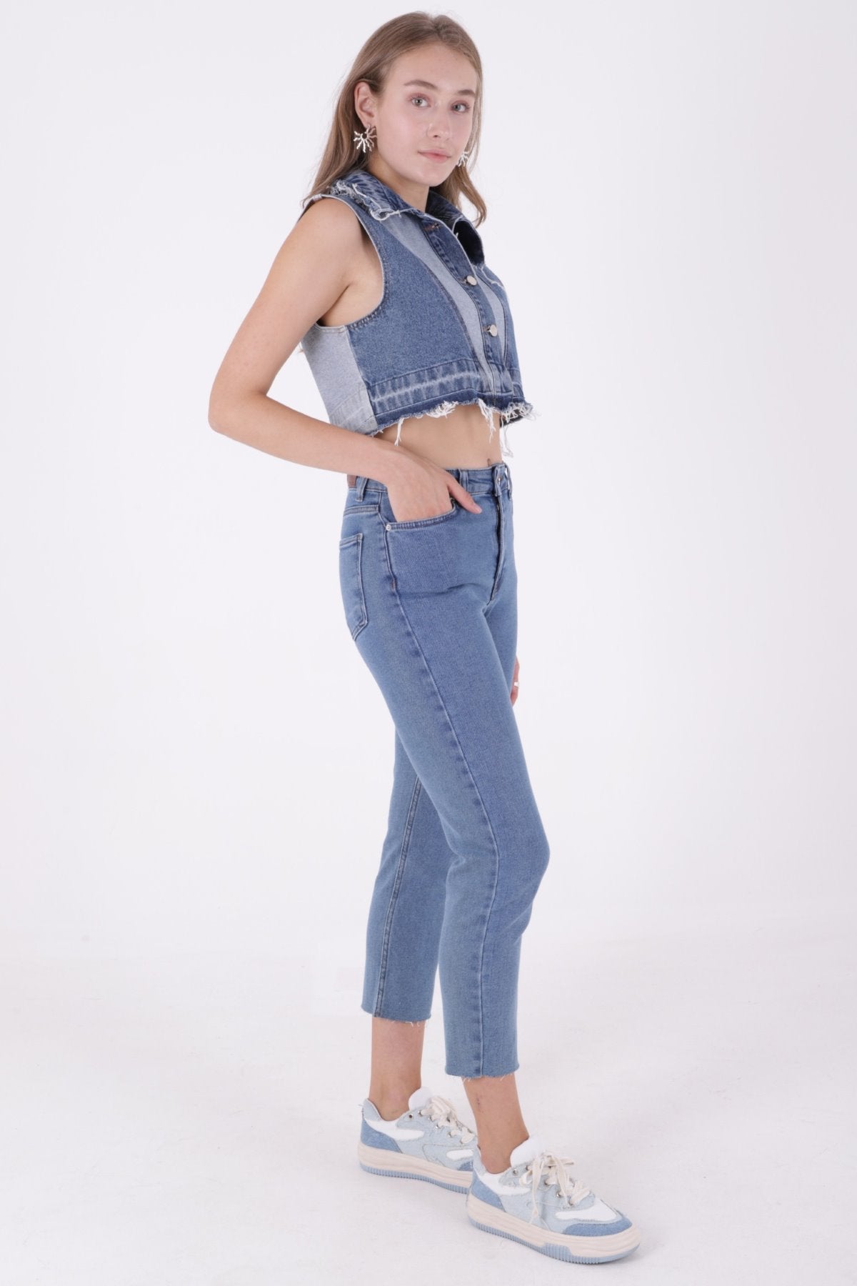 Pantaloni Denim Mom Fit cu Crac fara Cusaturi 764