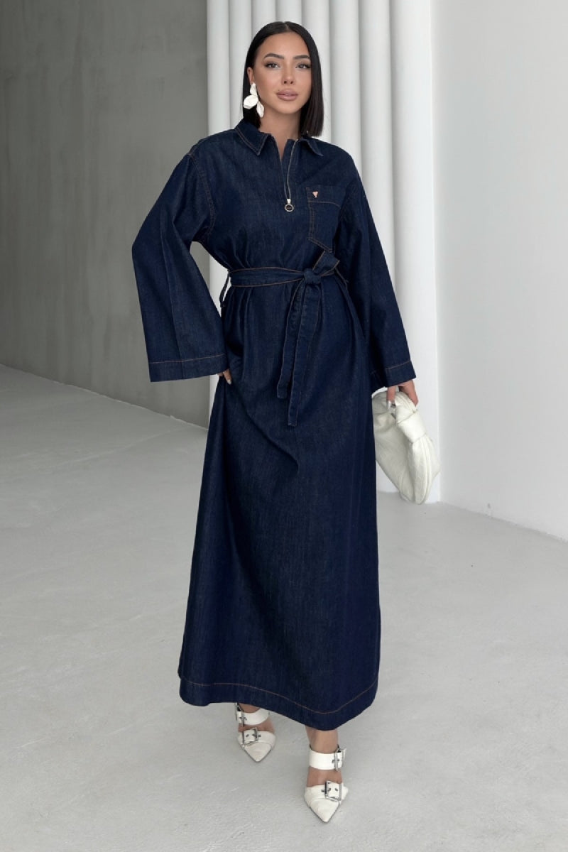 Rochie Denim Lunga cu Curea 3035