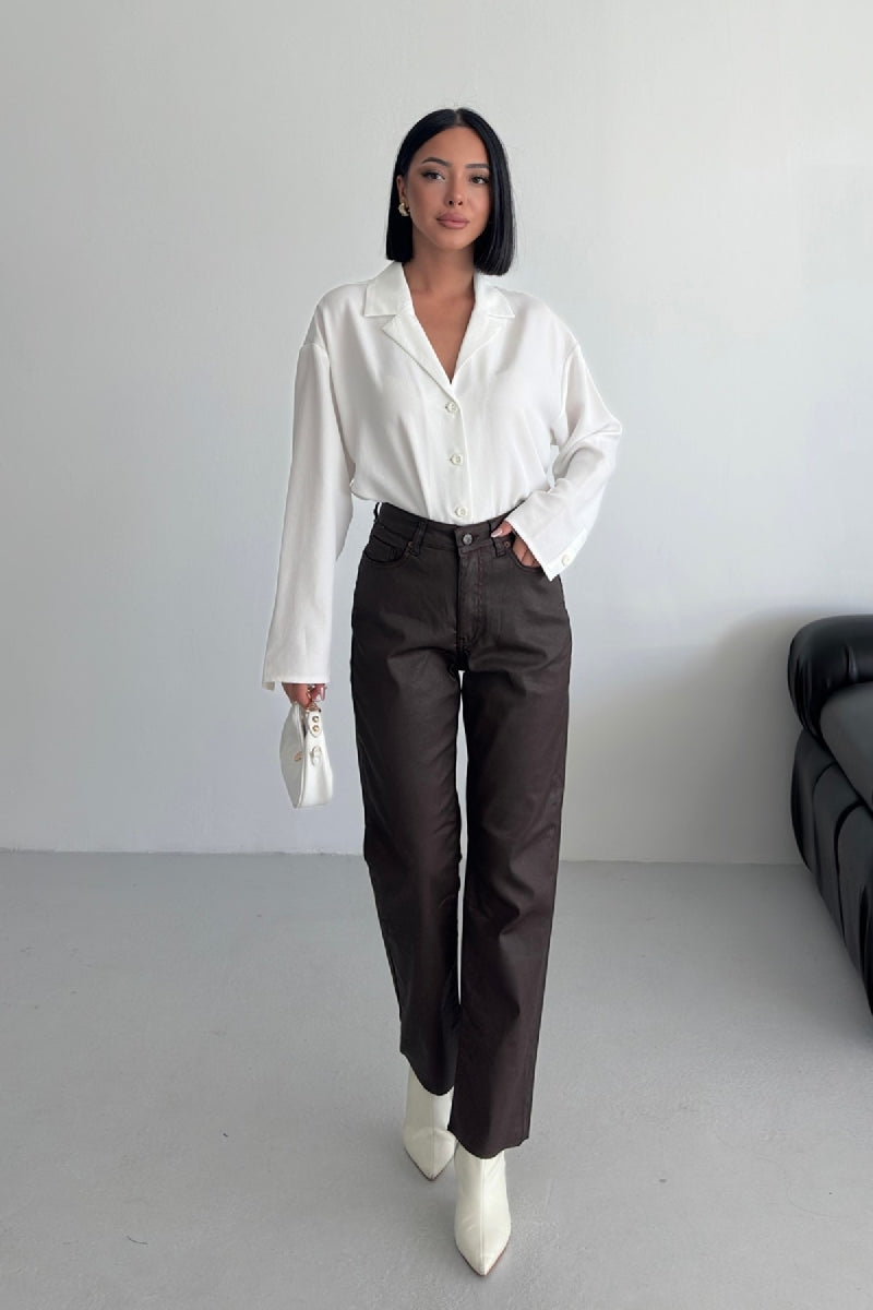 Mom Fit Kaplama Deri Pantolon 7072