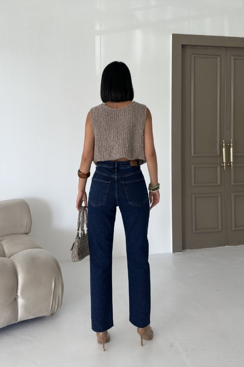 Pantalon Denim Mom Fit cu Pietre 7023
