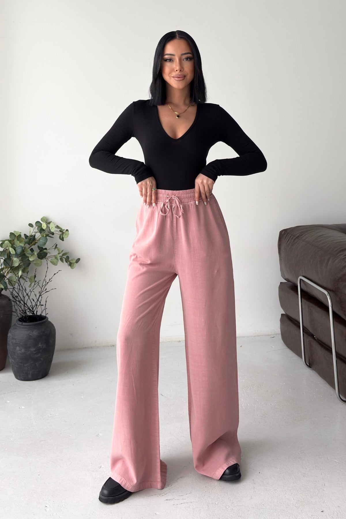 Pantaloni Palazzo cu Talie Elastica HS708