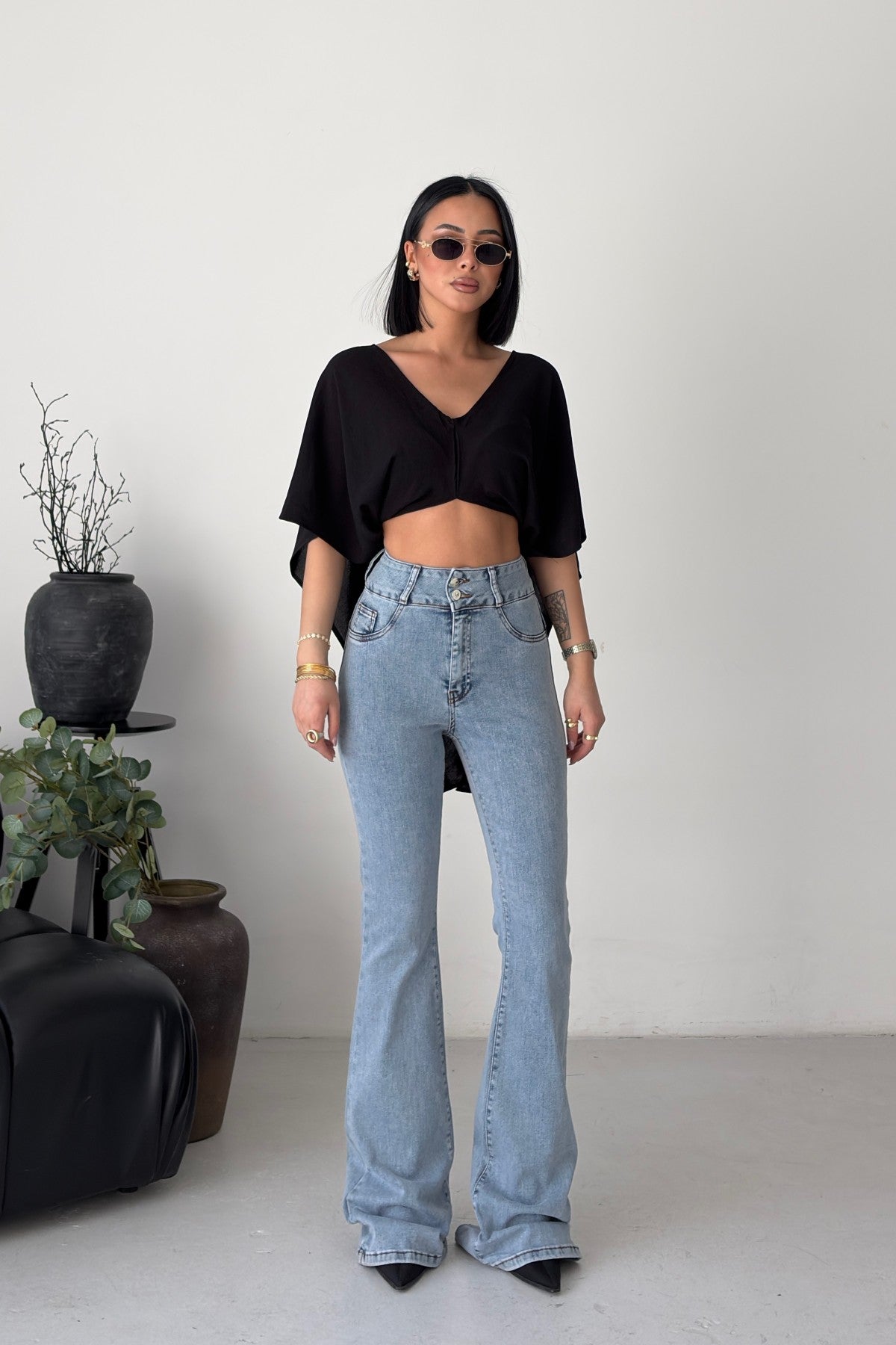 Pantaloni Denim cu Curea Lată și Pense 7151