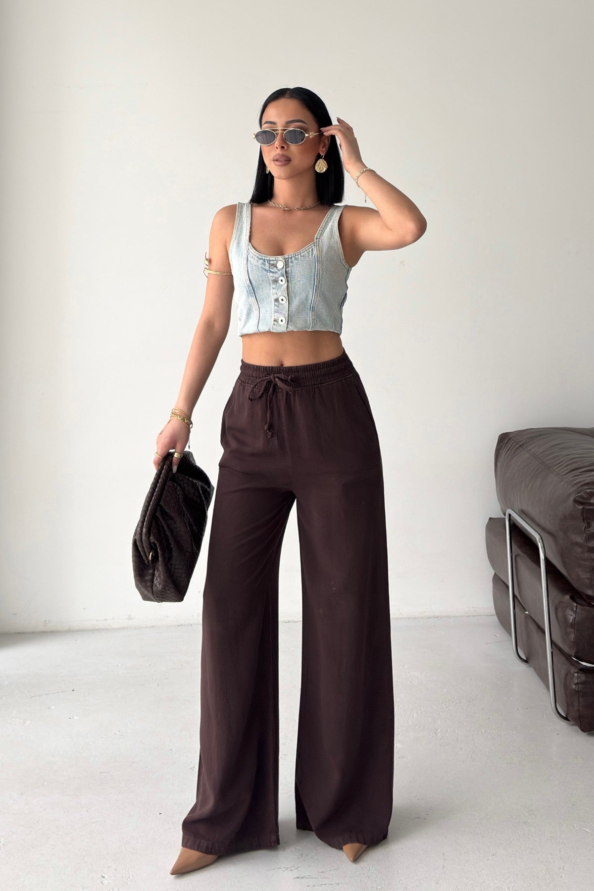 Pantaloni Palazzo cu Talie Elastica HS708