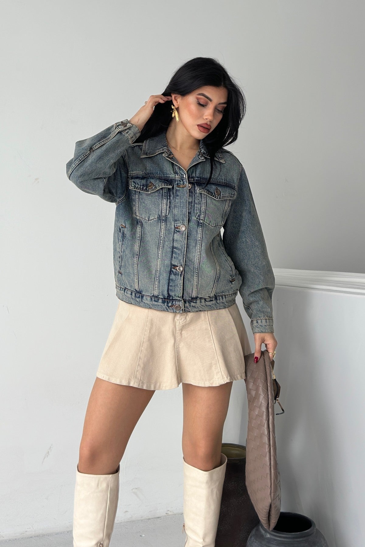 Jachetă Denim cu Guler Clasic, Buzunare și Butoane 6081