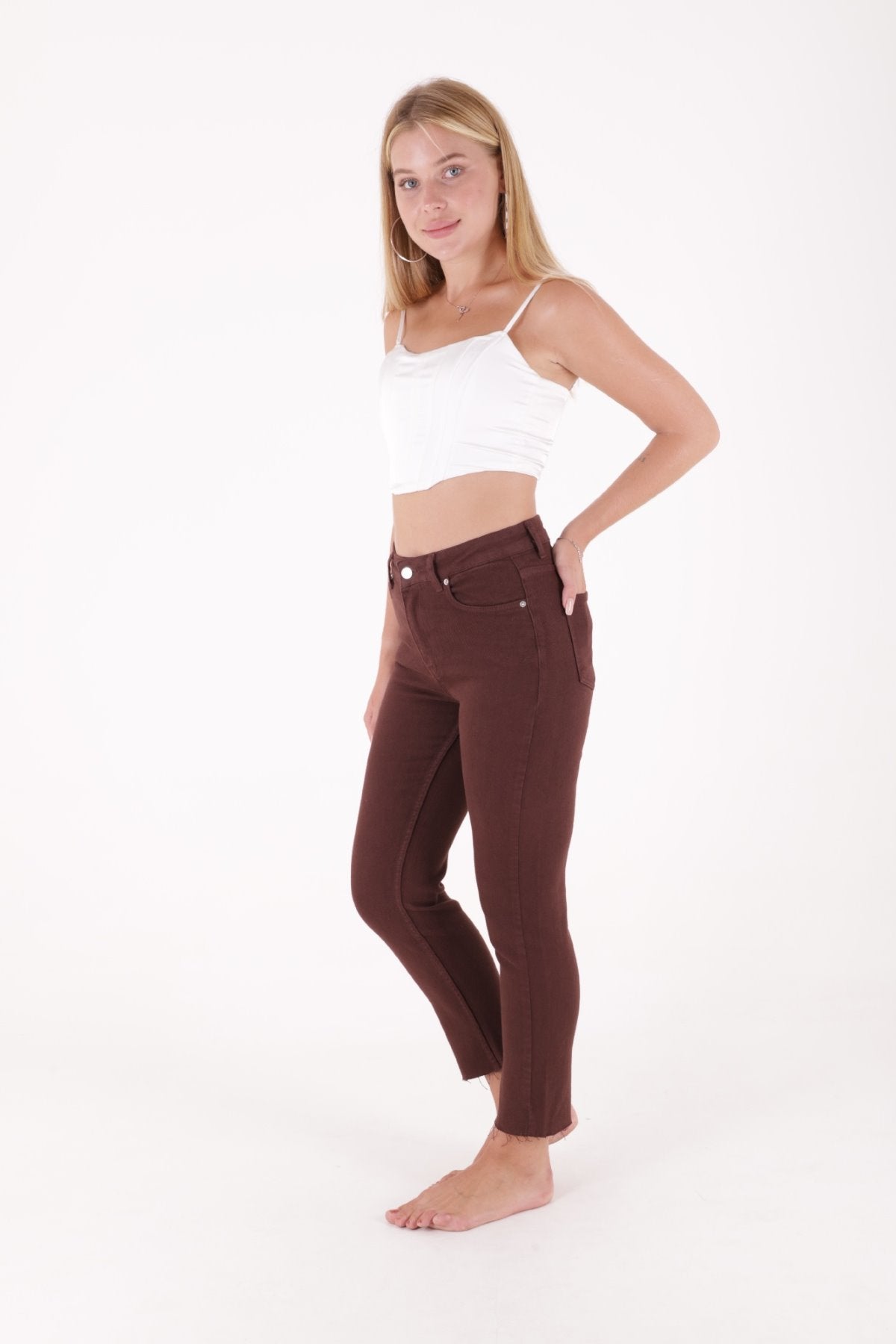Pantaloni Denim Mom Fit cu Crac fara Cusaturi 764
