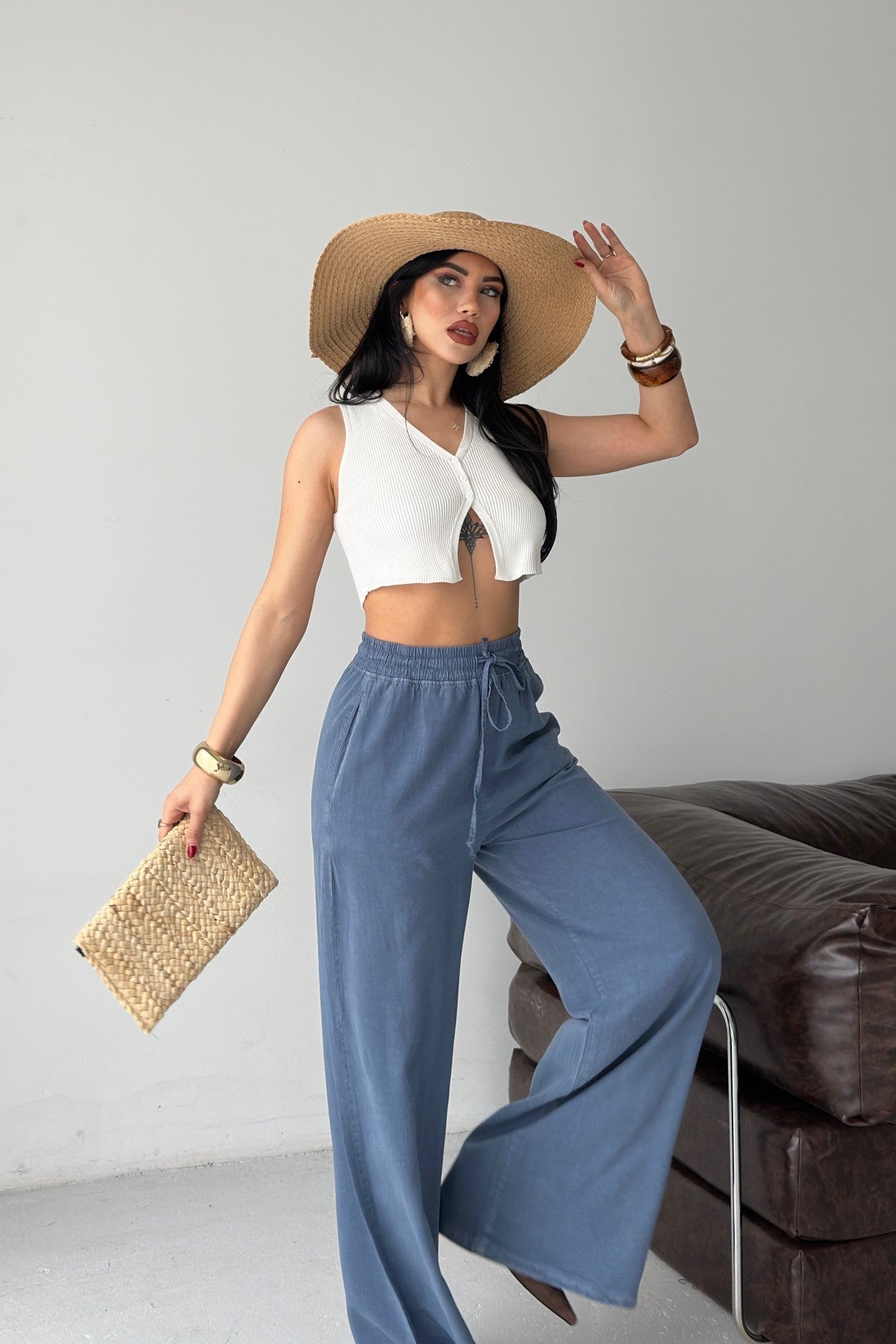 Pantaloni Palazzo cu Talie Elastica HS708