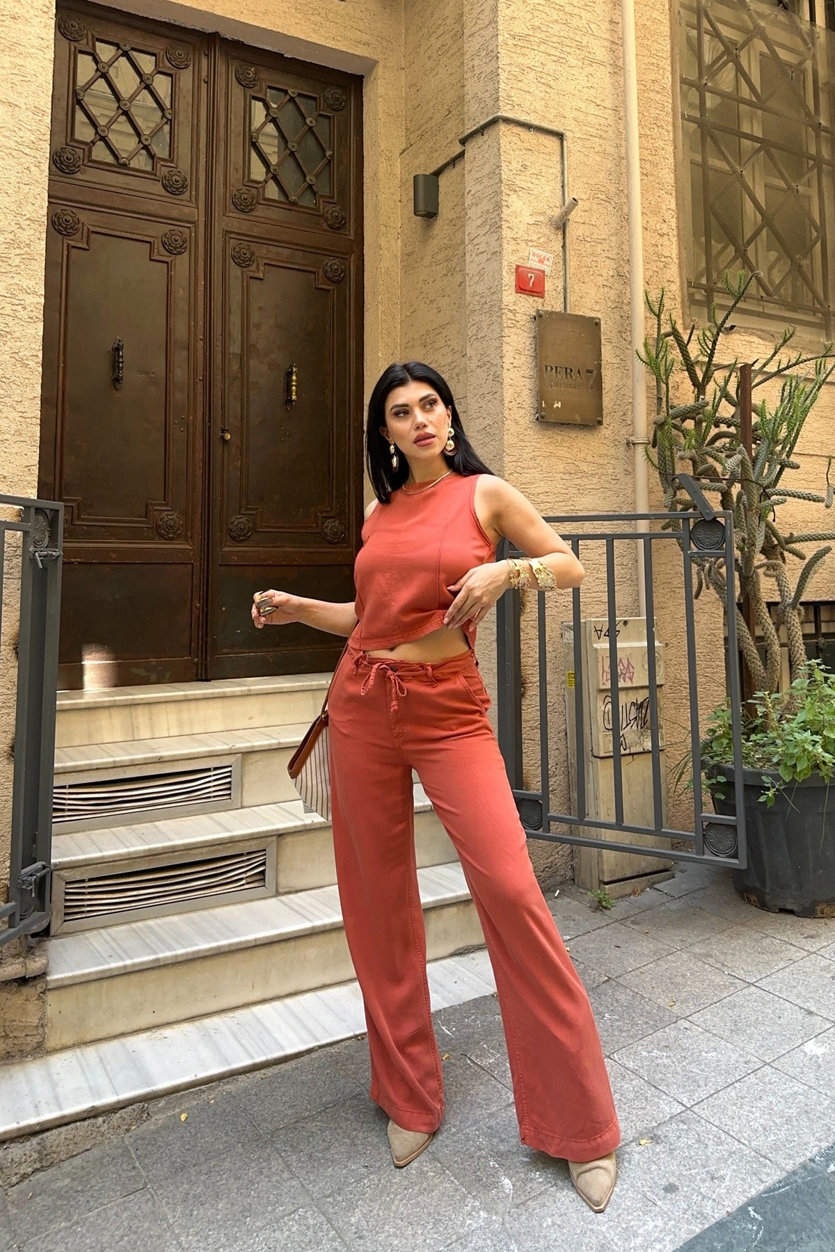 Set Bluz fără Mâneci și Pantaloni Relax cu Șnur 3214