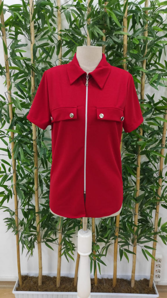 Bluza din Krep importat, cu mâneci scurte, guler tip sacou, fermoar în față, detalii buzunare, 36370