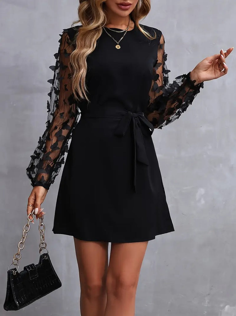 Rochie de damă cu mânecă lungă, guler rotund, mâneci din tul și detalii fluture, rochie din crep importat, 34759