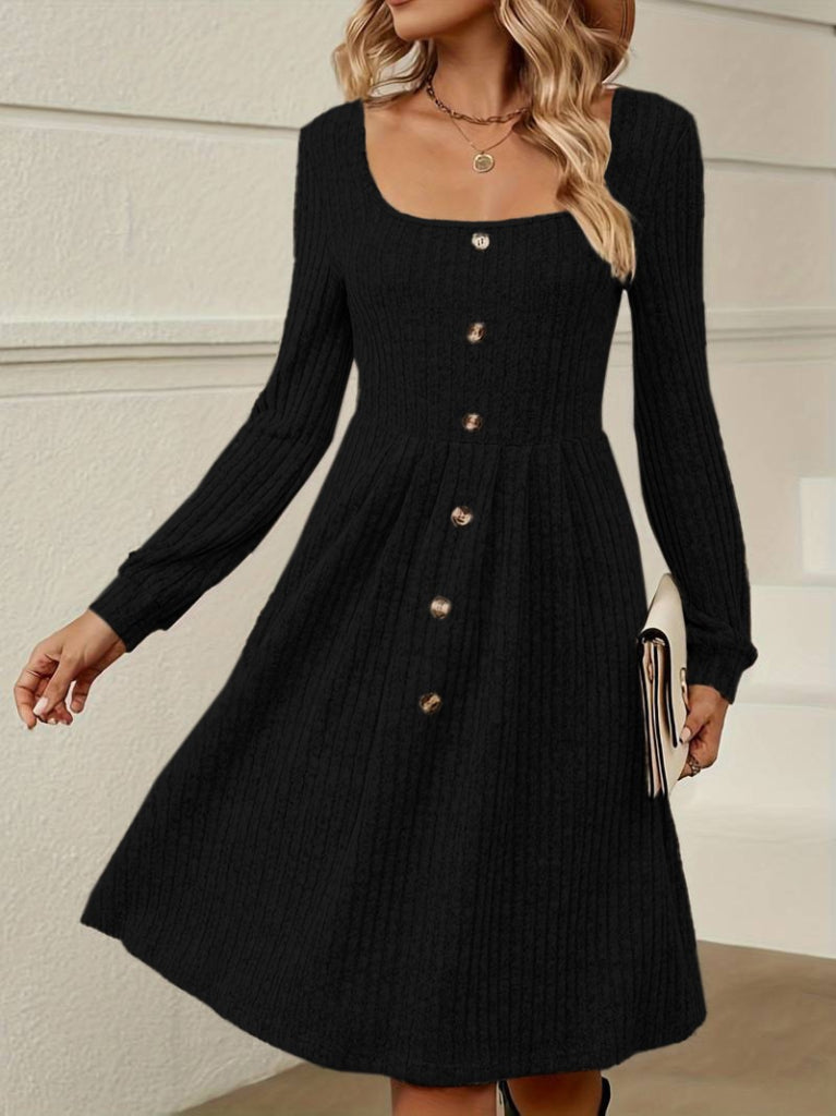 Rochie mini din bumbac plușat cu mâneci lungi, guler pătrat și nasturi pentru femei, 26917