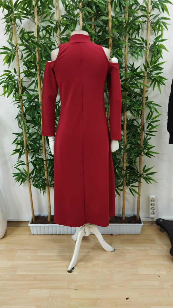 Rochie Lunga Dama din Crep Janjan cu Guler Inalt si Decupaje la Umeri, Maneca Lunga, 28194