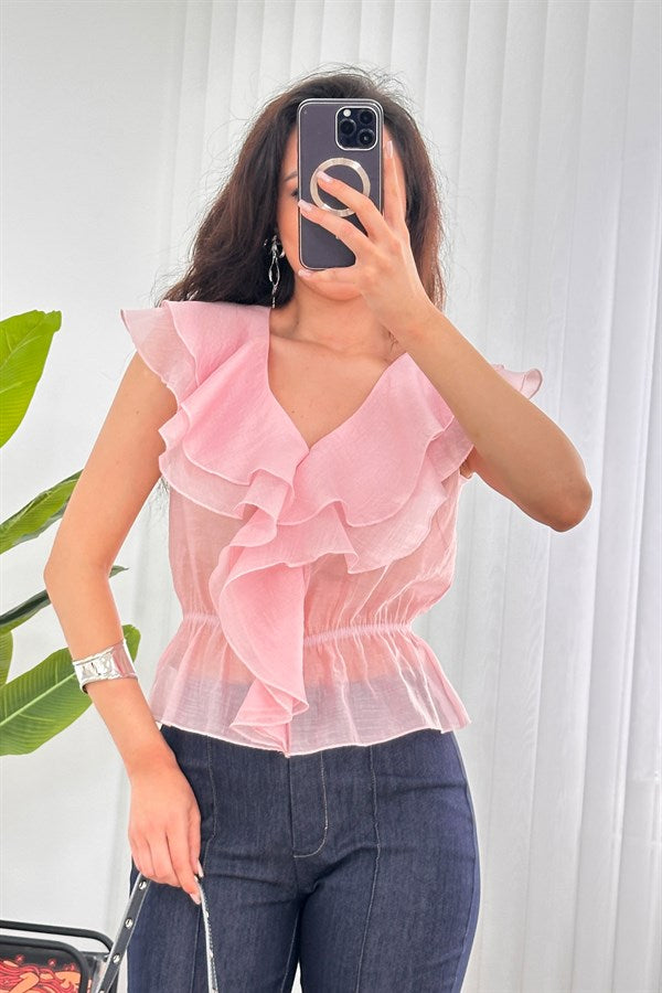 Bluza de Toptan Roz cu Talie Elastic și Franje