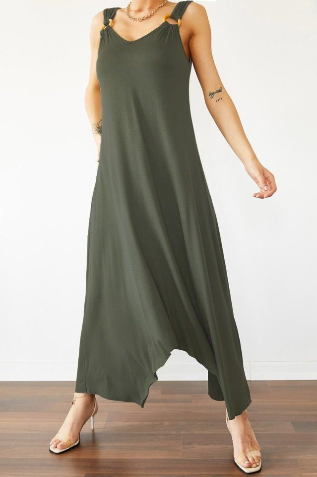 Rochie maxi din viscoză, cu decolteu în V și croială asimetrică, cu bretele și detaliu cu inele, 31368