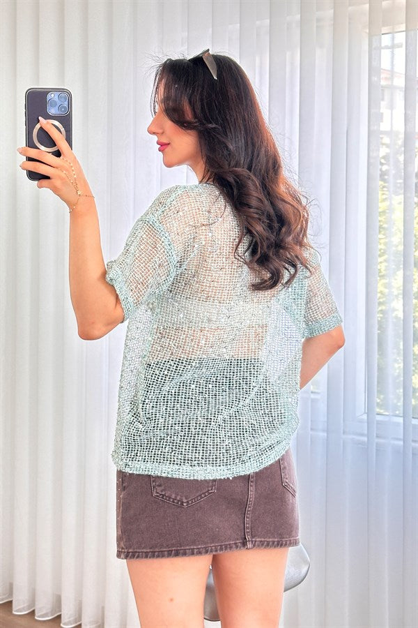 Bluza de Toptan Menta cu Paiete Stralucitoare