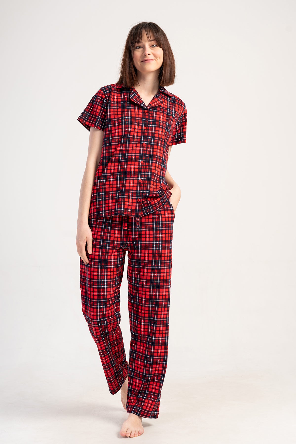 Pijama pentru femei P.SUPREM, guler, mânecă scurtă, cu nasturi pe toată lungimea, tiv oval, cu buzunare - NARCICEK