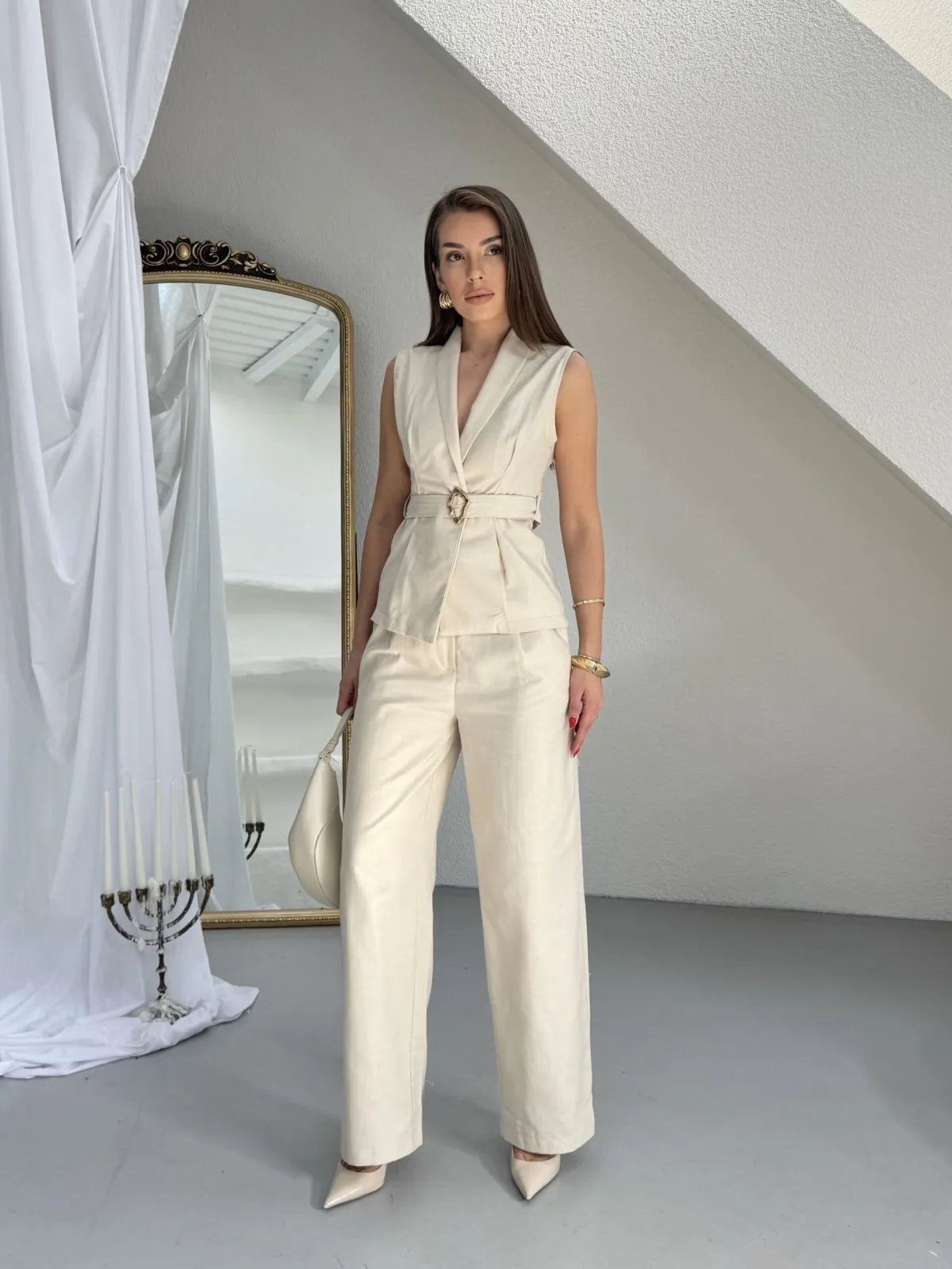 Set Veston Pantalon din Pânză Bej cu Centură