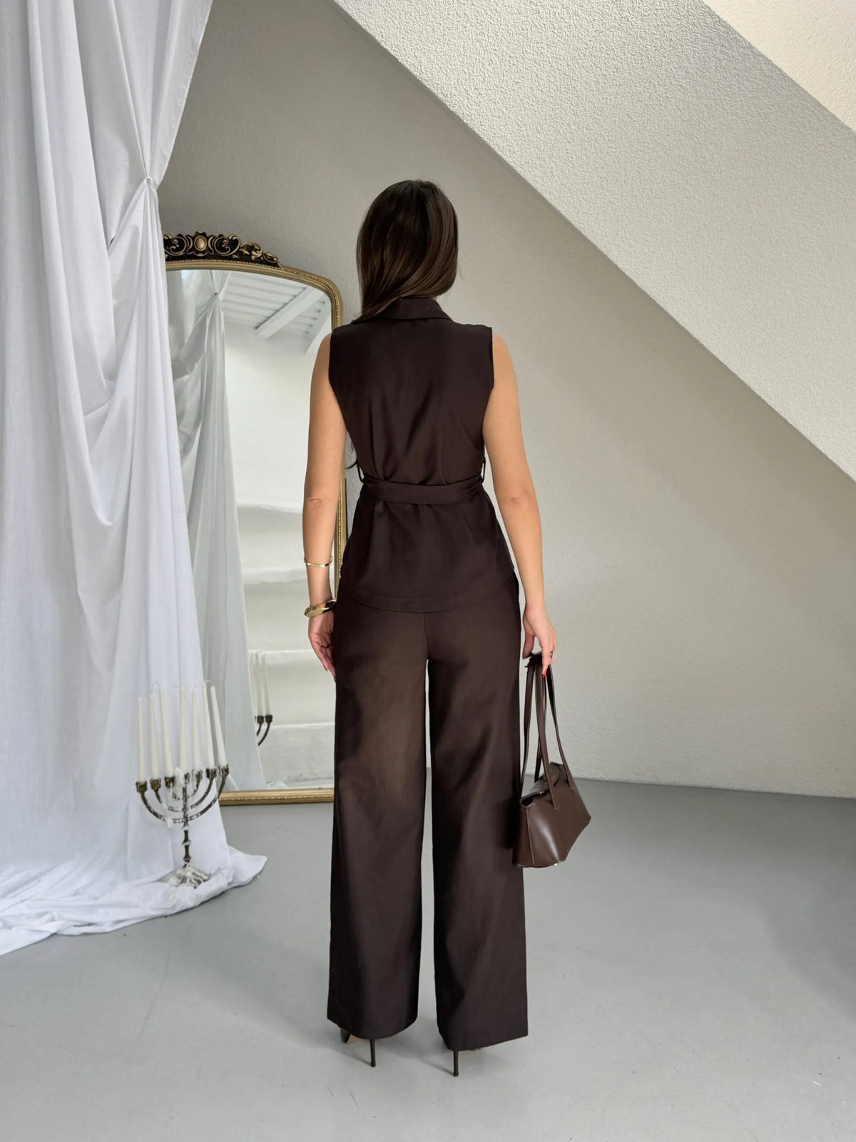 Set Veston Pantalon din Pânză Maro cu Centură