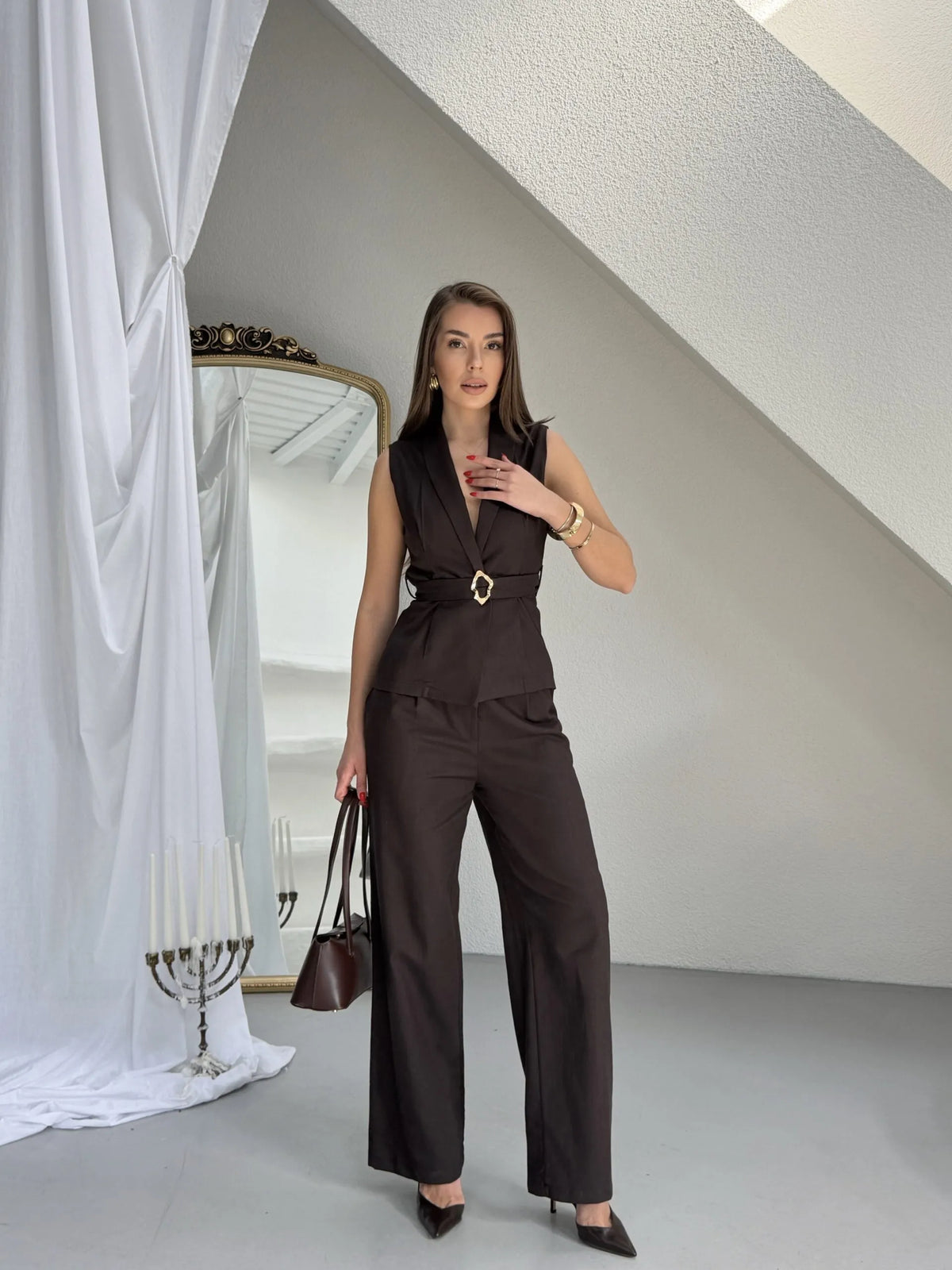Set Veston Pantalon din Pânză Maro cu Centură