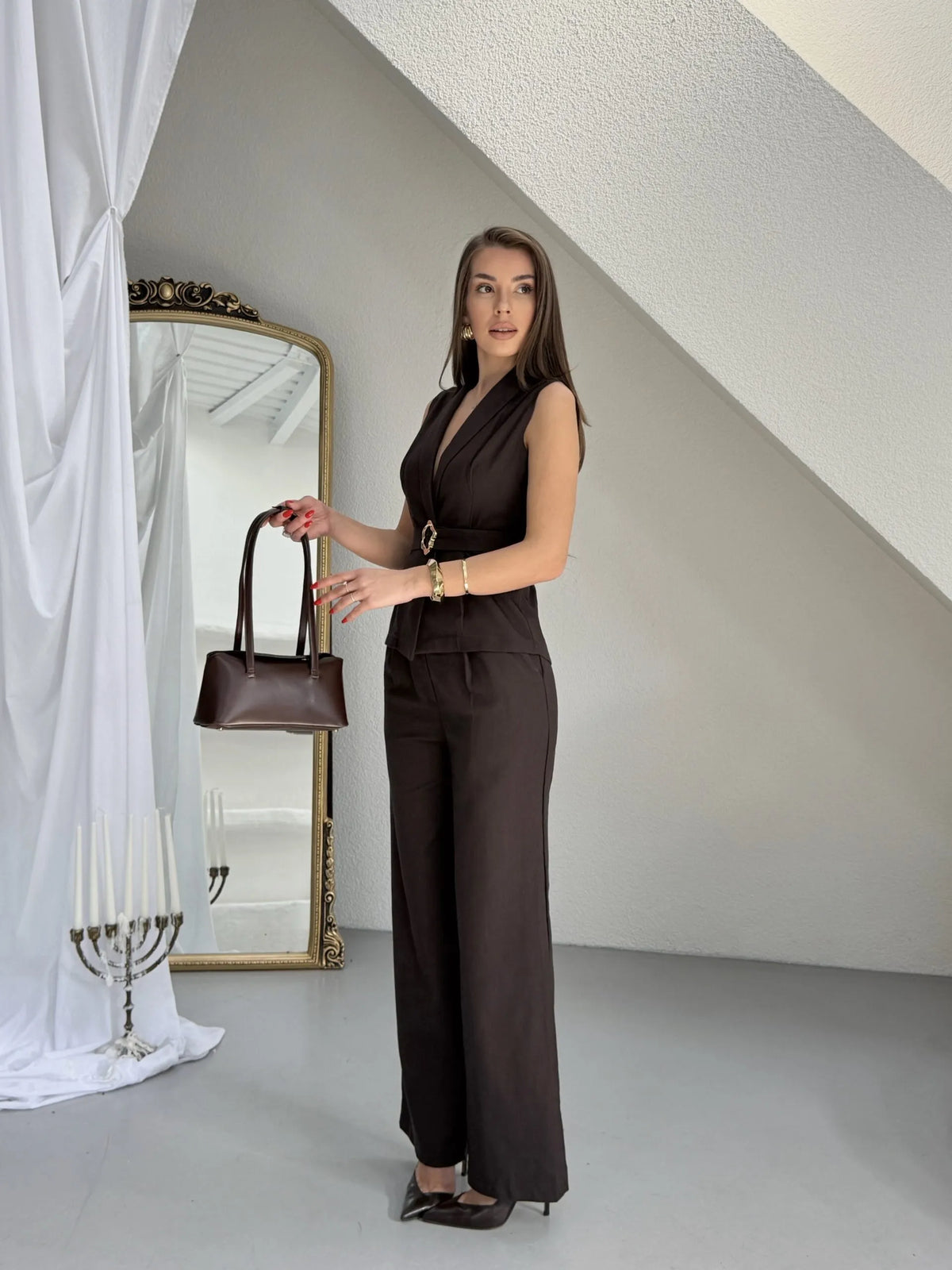 Set Veston Pantalon din Pânză Maro cu Centură