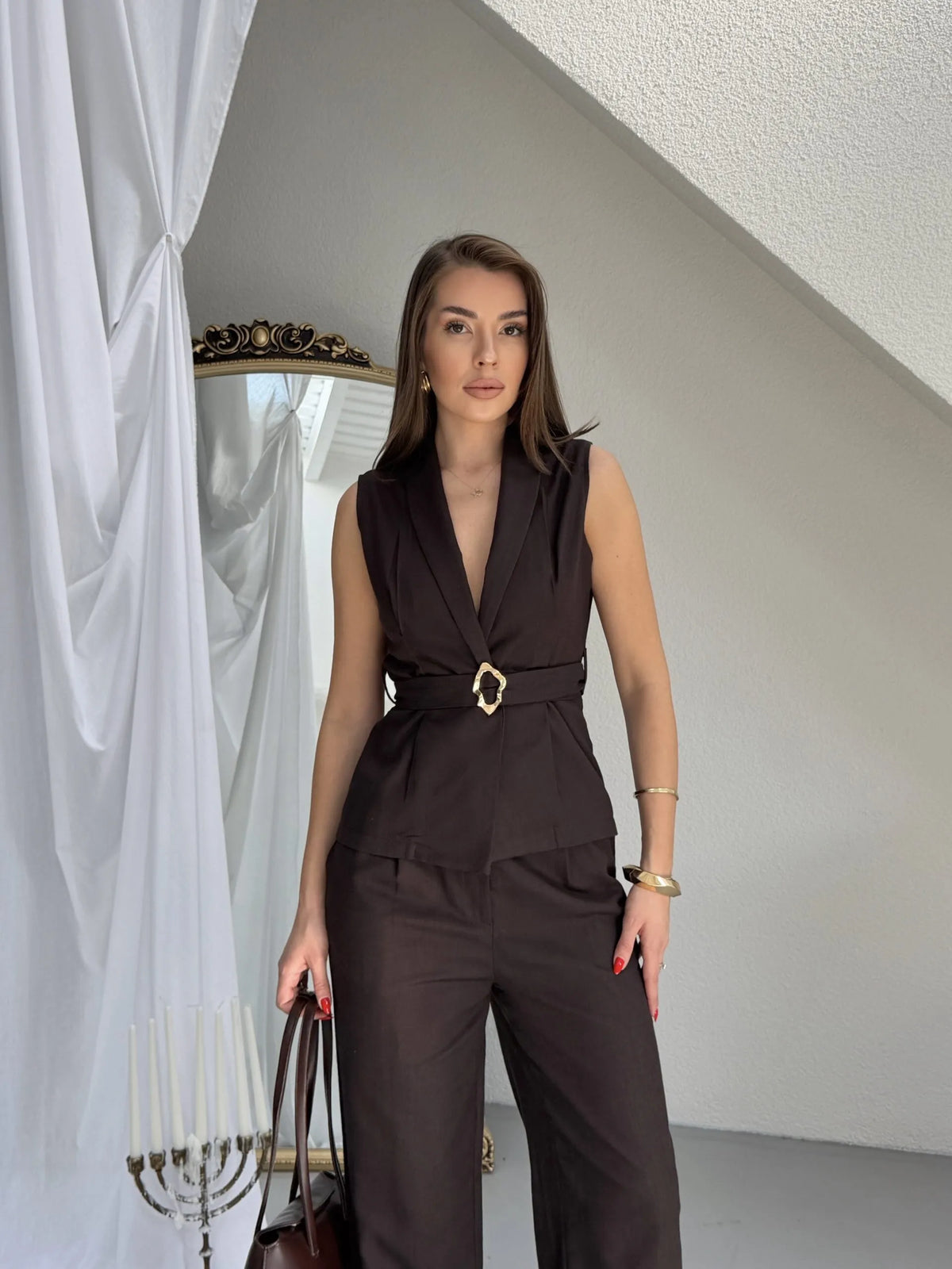 Set Veston Pantalon din Pânză Maro cu Centură