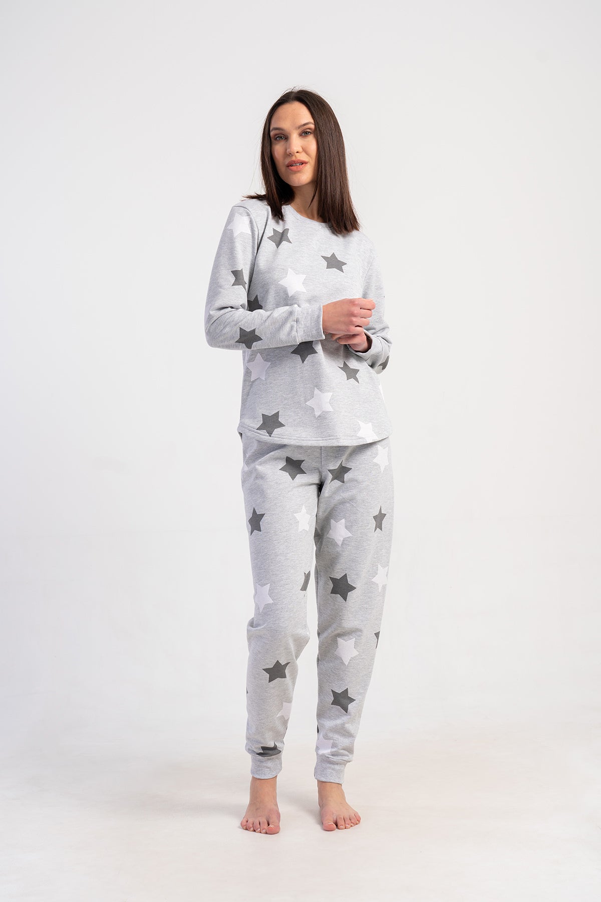 Set pijamale din 2 piese pentru femei, din bumbac, cu mânecă lungă și decolteu rotund, cu tiv oval și manșete - Roz