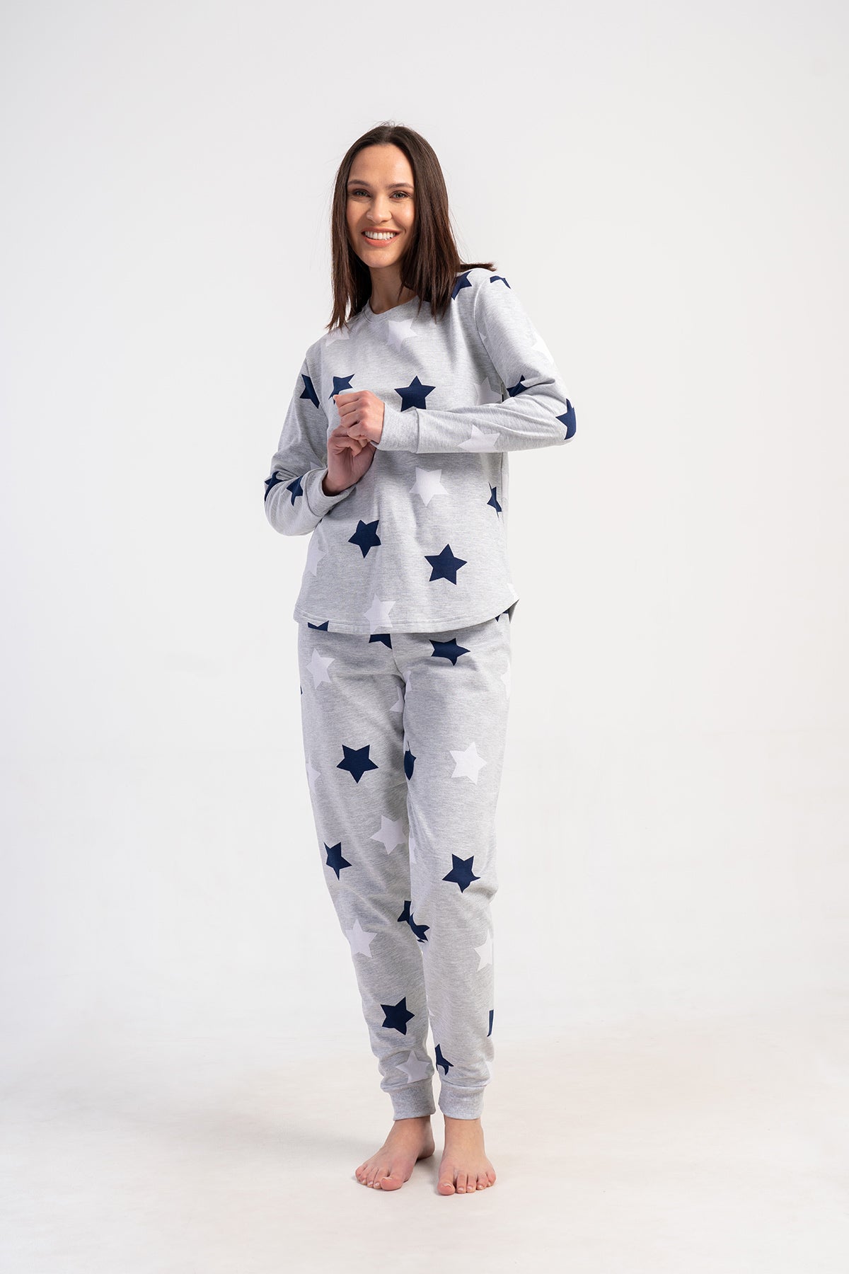 Set pijamale din 2 piese pentru femei, din bumbac, cu mânecă lungă și decolteu rotund, cu tiv oval și manșete - Roz