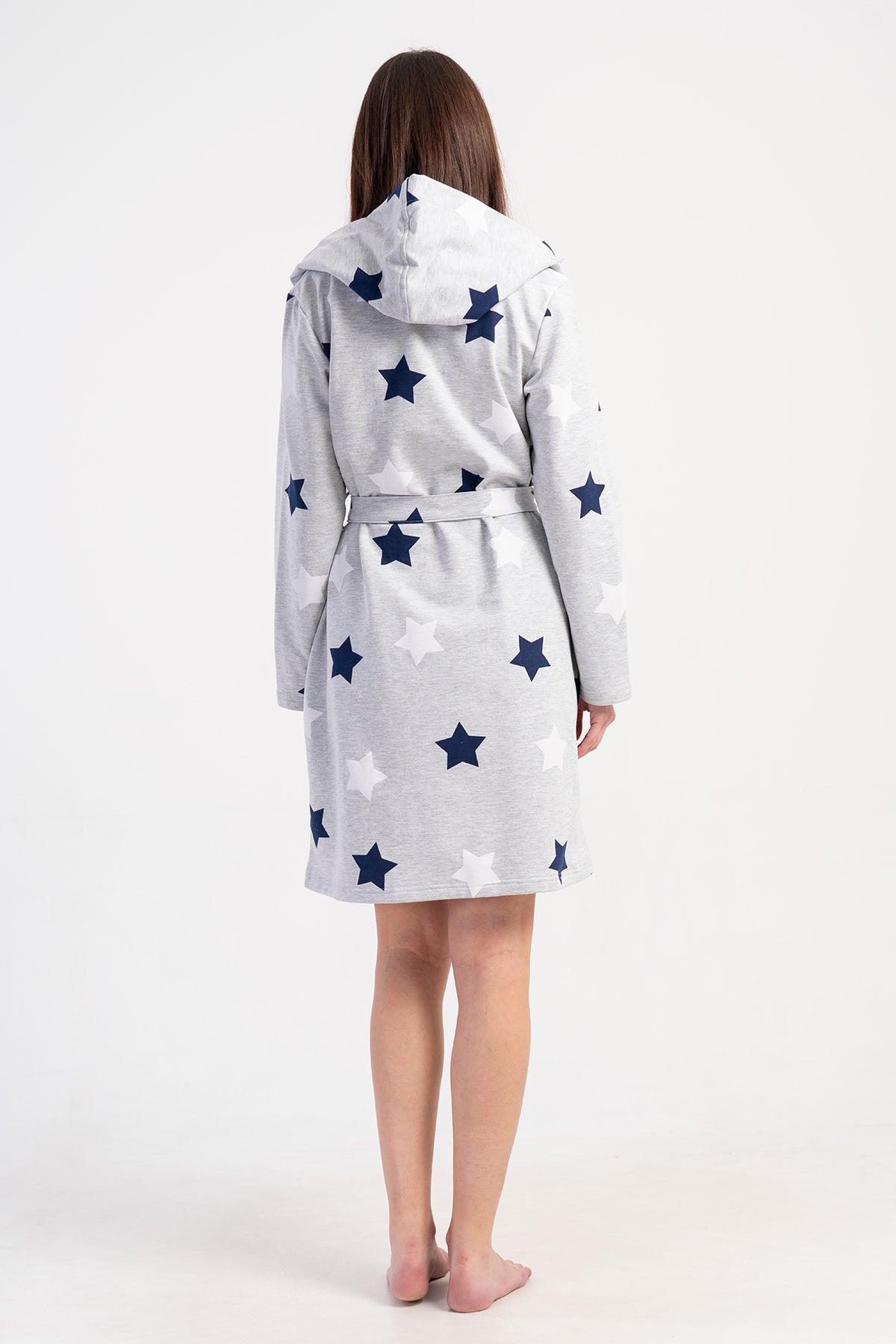 Halat scurt de casă, cu glugă, mânecă lungă, cu buzunare, din țesătură 2 fire, pentru femei - Roz