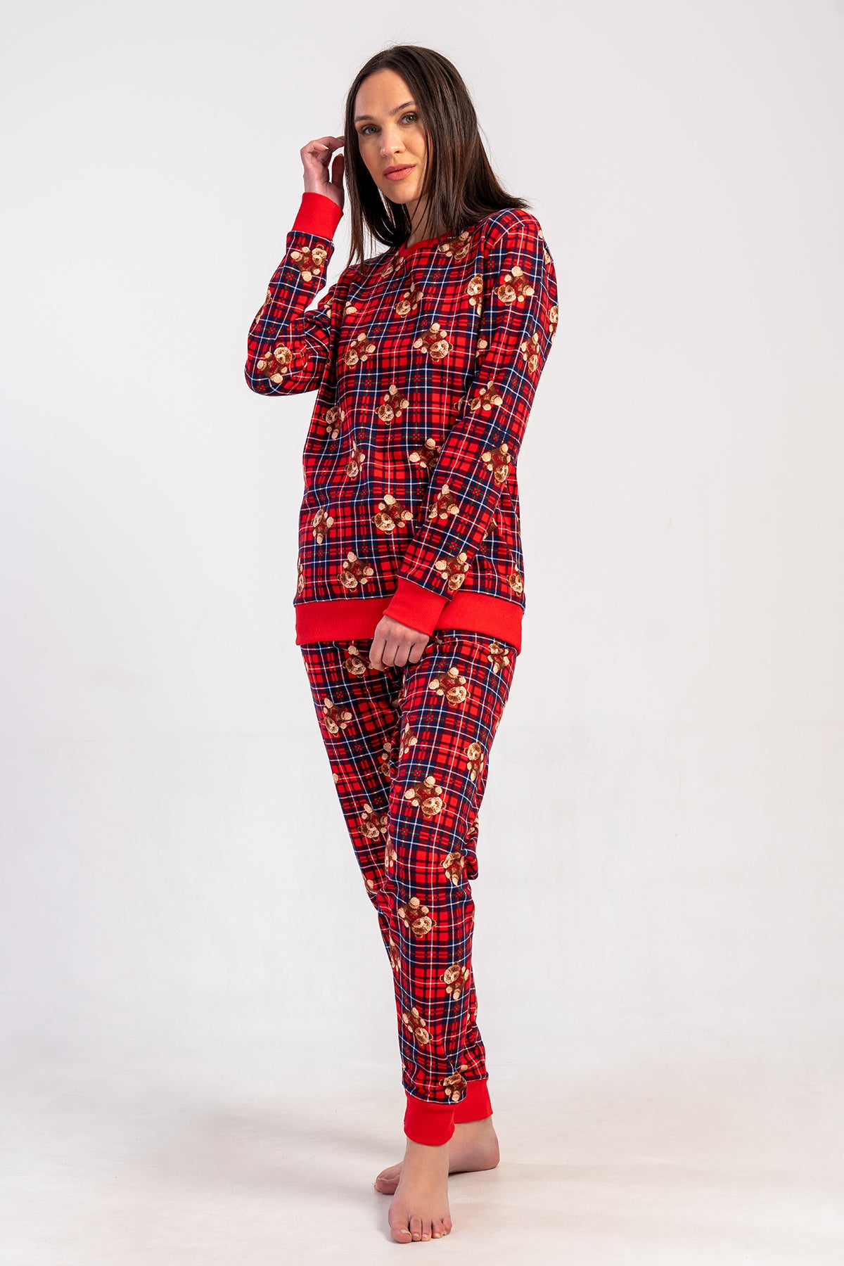SET PIJAMA DE DAMĂ, DIN DOUĂ FIRE, GÂT ROTUND, MÂNECĂ LUNGĂ, CU MANȘETE - ROȘU NOU