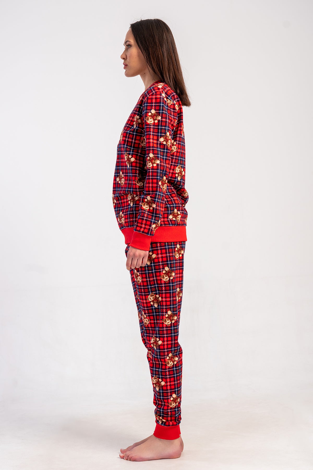 SET PIJAMA DE DAMĂ, DIN DOUĂ FIRE, GÂT ROTUND, MÂNECĂ LUNGĂ, CU MANȘETE - ROȘU NOU