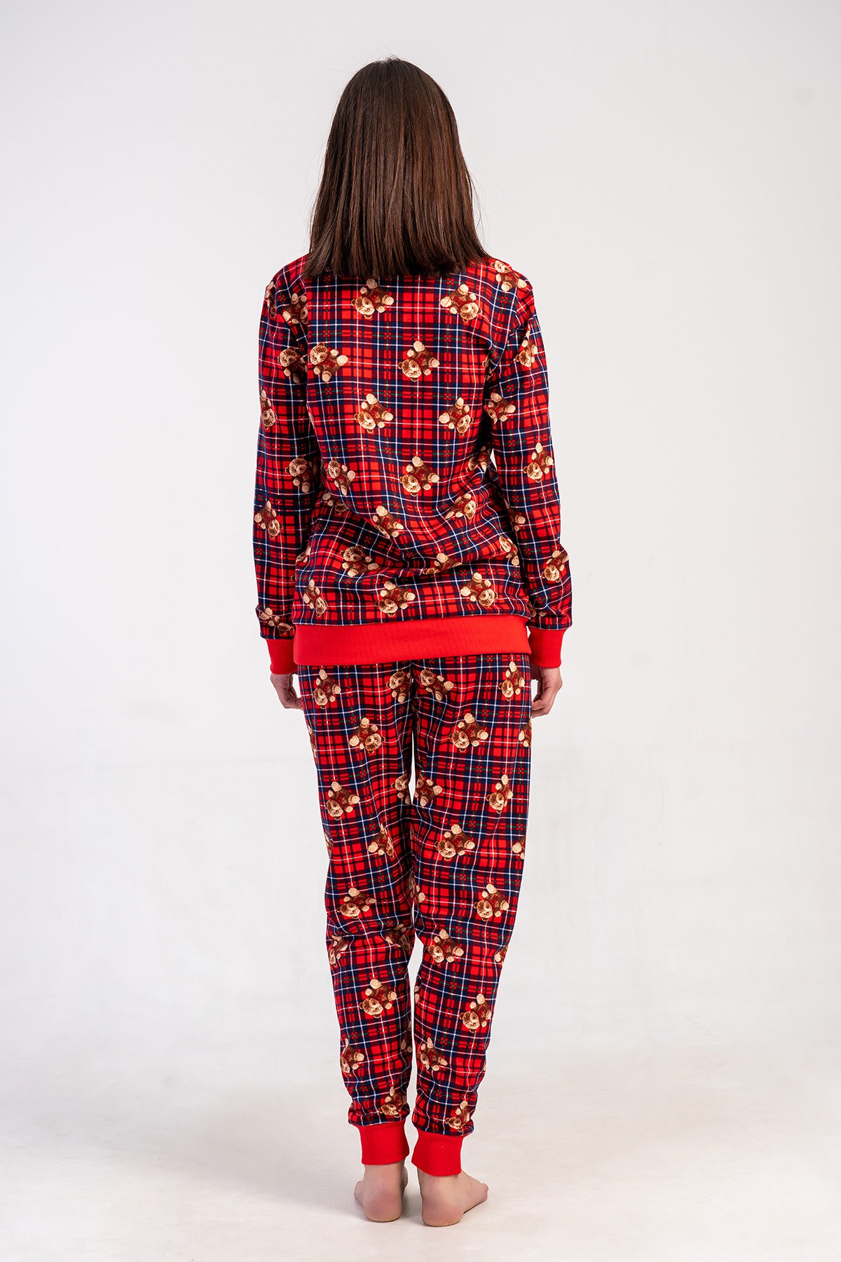 SET PIJAMA DE DAMĂ, DIN DOUĂ FIRE, GÂT ROTUND, MÂNECĂ LUNGĂ, CU MANȘETE - ROȘU NOU